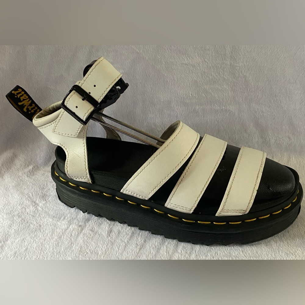 Dr. Martens Black Footbed White Strap Platform Sandals